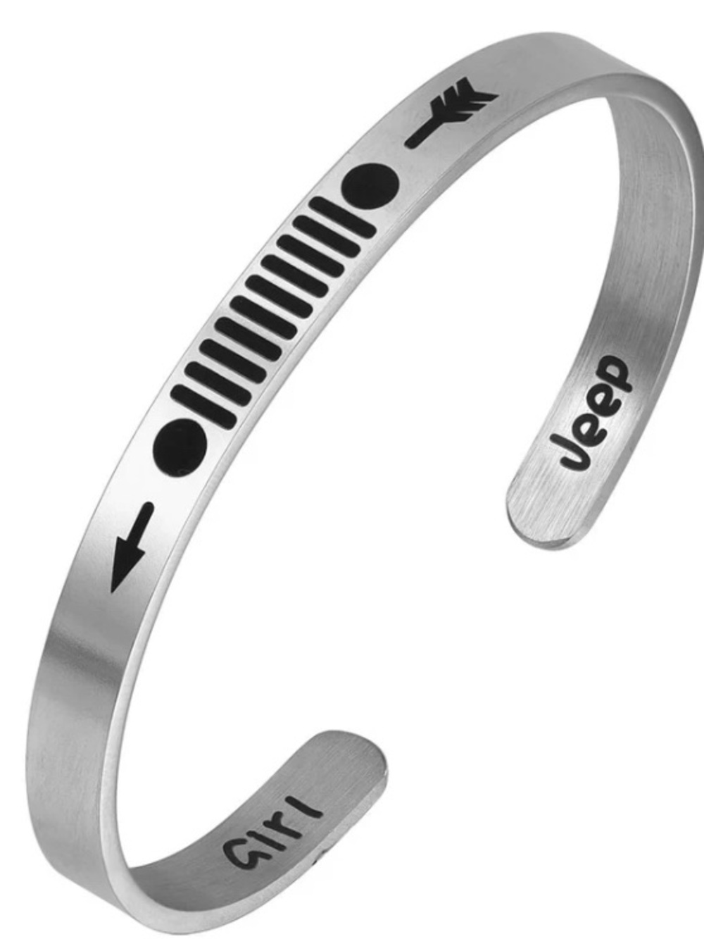 Jeep Girl Silver Stainless Steel Cuff Bracelet with Black Accent Design